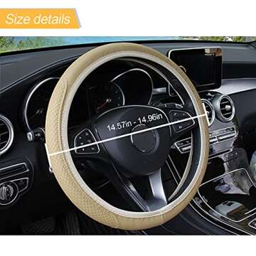 Leather Car Steering Wheel Cover, Elastic, Breathable Anti-Slip, Universal 15 inch, Steering Wheel Cover for Men Women (Beige)