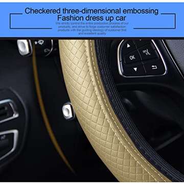 Leather Car Steering Wheel Cover, Elastic, Breathable Anti-Slip, Universal 15 inch, Steering Wheel Cover for Men Women (Beige)