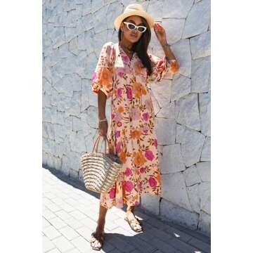 miduo Womens Maxi Dress Casual V Neck Summer Short Sleeve Floral Bohemian Boho Beach Long Dresses Ankle Dresses XL