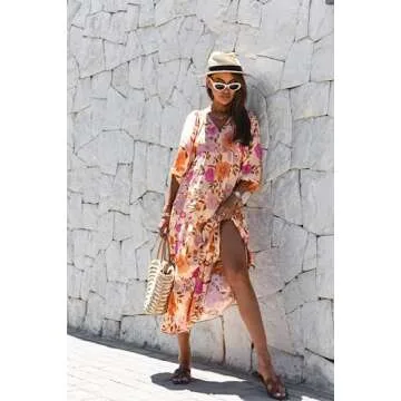 miduo Womens Maxi Dress Casual V Neck Summer Short Sleeve Floral Bohemian Boho Beach Long Dresses Ankle Dresses XL