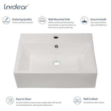 Lordear Floating Bathroom Sink Wall Mounted 21"x16" Bathroom Vessel Sink Free Standing Wall Hung Sink Rectangle White Porcelain Ceramic Vessel Vanity Sink Art Basin