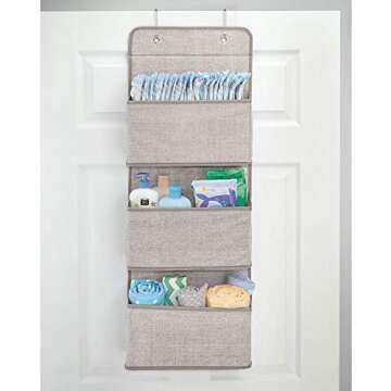 mDesign Soft Fabric Wall Mount/Over Door Hanging Storage Organizer - 3 Large Pockets for Child/Kids Room or Nursery, Hooks Included - Textured Print - Linen/Tan
