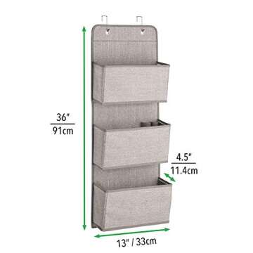 mDesign Soft Fabric Wall Mount/Over Door Hanging Storage Organizer - 3 Large Pockets for Child/Kids Room or Nursery, Hooks Included - Textured Print - Linen/Tan