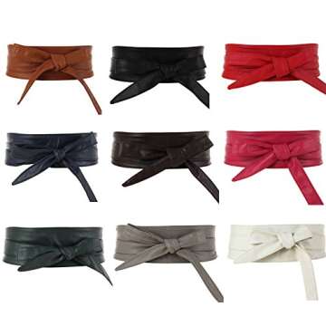 Aecibzo Women's PU Leather Self Tie Wrap Around Obi Waist Band Cinch Boho Belt (Brown, Fit waist 22?...