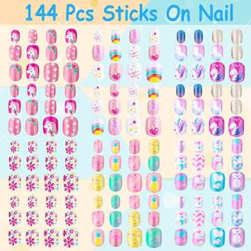 144 Pieces Press on Nails Grils, Thrilez Children Fake Artificial False Nail Tips Pre Glue Full Cover Short Acrylic Nails for Girls Kids Nail Art Decoration (Rainbow Sky)