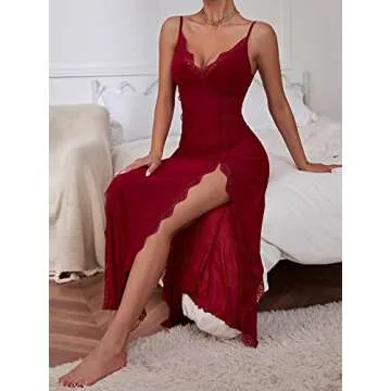 WDIRARA Women's Lace Trim Side Slit V Neck Long Mesh Chemise Nightgown Slip Dress Burgundy XS