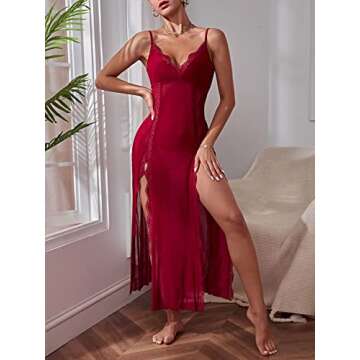 WDIRARA Women's Lace Trim Side Slit V Neck Long Mesh Chemise Nightgown Slip Dress Burgundy XS