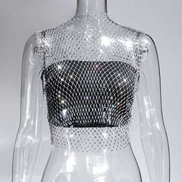 FlyCC Sexy Sheer Mesh Rhinestone Crop Top for Beach Wear