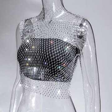 FlyCC Sexy Sheer Mesh Rhinestone Crop Top for Beach Wear