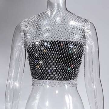 FlyCC Sexy Sheer Mesh Rhinestone Crop Top for Beach Wear