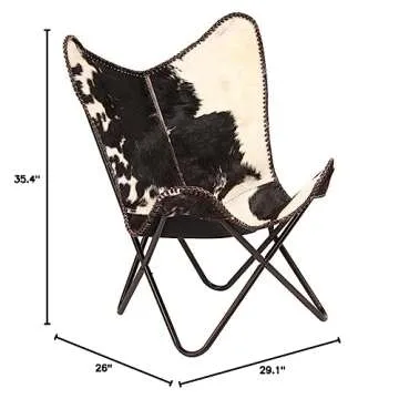 Home Decor Genuine Goat Leather Butterfly Arm Chair with Black/Brown White Hair on Cover (Black and White with Black Frame)