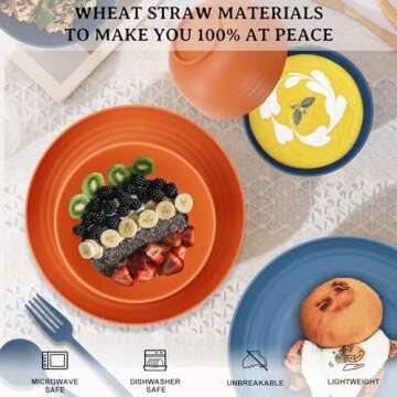 28 Piece Wheat Straw Dinnerware Sets,Dishwasher & Microwave Safe Plates and Bowls Sets - Unbreakable Plastic Dinnerware Sets for 4 Dinner Plates, Cups, Cereal Bowls - Colorful Series