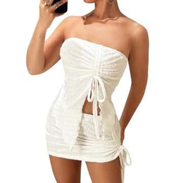WDIRARA Women's 2 Piece Outfits - Strapless Drawstring Front Crop Top & Skirt Set in White