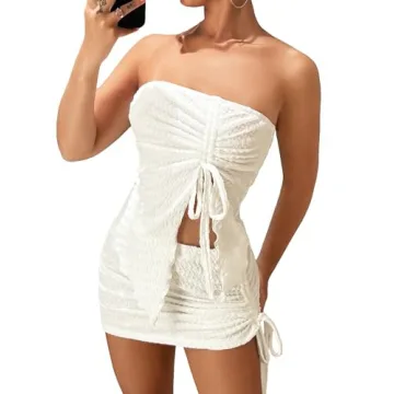 WDIRARA Women's 2 Piece Outfits - Strapless Drawstring Front Crop Top & Skirt Set in White