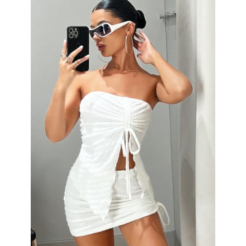 WDIRARA Women's 2 Piece Strapless Crop Top & Skirt Set