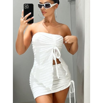 WDIRARA Women's 2 Piece Strapless Crop Top & Skirt Set