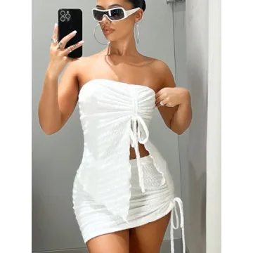 WDIRARA Women's 2 Piece Strapless Crop Top & Skirt Set