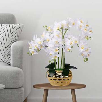 Artificial Orchid in Gold Vase White Silk Faux Orchid Plant in Gold Pot Fake Flower Arrangement White Flowers for Decoration Home Decor Kitchen Decoration Table Centerpieces