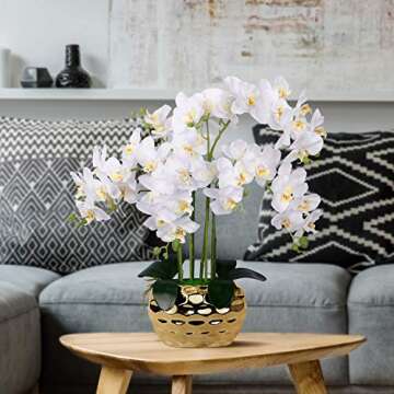 Artificial Orchid in Gold Vase White Silk Faux Orchid Plant in Gold Pot Fake Flower Arrangement White Flowers for Decoration Home Decor Kitchen Decoration Table Centerpieces