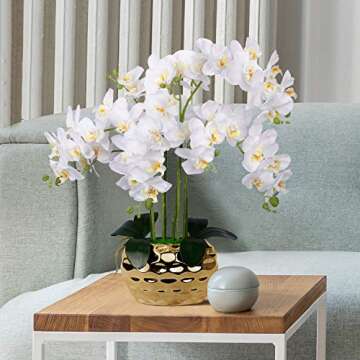 Artificial Orchid in Gold Vase White Silk Faux Orchid Plant in Gold Pot Fake Flower Arrangement White Flowers for Decoration Home Decor Kitchen Decoration Table Centerpieces