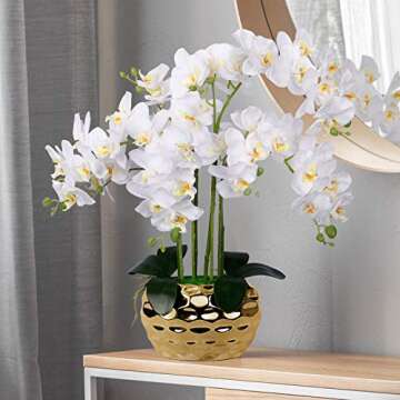 Artificial Orchid in Gold Vase White Silk Faux Orchid Plant in Gold Pot Fake Flower Arrangement White Flowers for Decoration Home Decor Kitchen Decoration Table Centerpieces