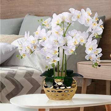 Artificial Orchid in Gold Vase White Silk Faux Orchid Plant in Gold Pot Fake Flower Arrangement White Flowers for Decoration Home Decor Kitchen Decoration Table Centerpieces