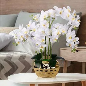 Elegant Artificial Orchid Arrangement in Gold Vase for Decor