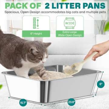 Tailove, Pack of 2 Extra Large Stainless Steel Cat Litter Boxes, 23.6"x15.7", 6 inches High Sides, E...