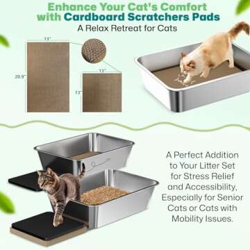 Tailove, Pack of 2 Extra Large Stainless Steel Cat Litter Boxes, 23.6"x15.7", 6 inches High Sides, Easy to Clean, Metal Cat Litter Pans. Includes Litter Mats, Cardboard Scratchers Pads, Non-Slip Pads