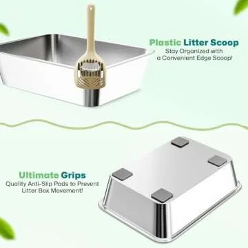 Tailove, Pack of 2 Extra Large Stainless Steel Cat Litter Boxes, 23.6"x15.7", 6 inches High Sides, Easy to Clean, Metal Cat Litter Pans. Includes Litter Mats, Cardboard Scratchers Pads, Non-Slip Pads