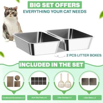 Tailove, Pack of 2 Extra Large Stainless Steel Cat Litter Boxes, 23.6"x15.7", 6 inches High Sides, Easy to Clean, Metal Cat Litter Pans. Includes Litter Mats, Cardboard Scratchers Pads, Non-Slip Pads