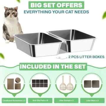 Tailove, Pack of 2 Extra Large Stainless Steel Cat Litter Boxes, 23.6"x15.7", 6 inches High Sides, Easy to Clean, Metal Cat Litter Pans. Includes Litter Mats, Cardboard Scratchers Pads, Non-Slip Pads