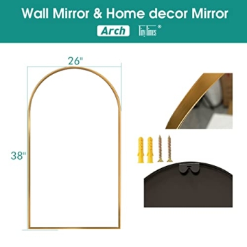 TinyTimes 26"x38" Arched Wall Mirror, Vanity Mirror, with Metal Frame, for Bathroom, Bedroom, Entryway, Modern & Contemporary Wall Mirror - Gold