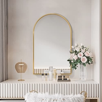 TinyTimes 26"x38" Arched Wall Mirror, Vanity Mirror, with Metal Frame, for Bathroom, Bedroom, Entryway, Modern & Contemporary Wall Mirror - Gold