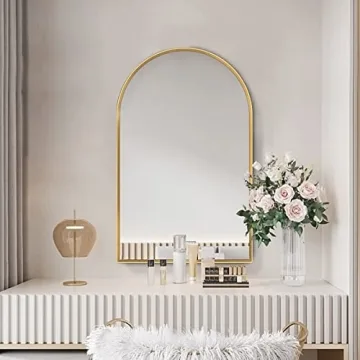 TinyTimes 26"x38" Arched Wall Mirror, Vanity Mirror, with Metal Frame, for Bathroom, Bedroom, Entryway, Modern & Contemporary Wall Mirror - Gold