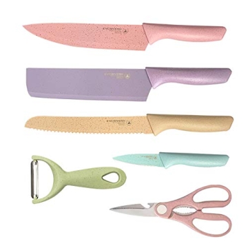 ZHUJIABAO Colorful Kitchen Knives Set of 6 PCS Professional Carbon Stainless Steel Chefs Knives Set With Non-Stick Coating&Ergonomic Handle Sharp Kitchen Knife Boxed Set for Slicing,Paring and Cooking