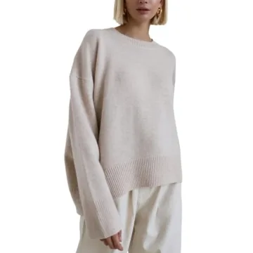 Women's Oversized Sweaters Crewneck Knitted Pullover Sweater Long Sleeve Casual Top 2024 Fall Winter Trendy Outfits(LightBeige-S)