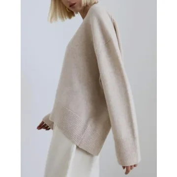 Women's Oversized Sweaters Crewneck Knitted Pullover Sweater Long Sleeve Casual Top 2024 Fall Winter Trendy Outfits(LightBeige-S)