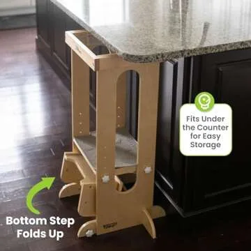 Little Partners Foldable Toddler Tower - Explore 'N Store Montessori Kitchen Tower for Cooking, 22.28" L x 19.56" W x 33.50" H, Ages 2 to 6 (Natural)