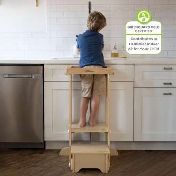 Little Partners Foldable Toddler Tower - Explore 'N Store Montessori Kitchen Tower for Cooking, 22.28" L x 19.56" W x 33.50" H, Ages 2 to 6 (Natural)