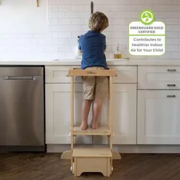 Little Partners Foldable Toddler Tower - Explore 'N Store Montessori Kitchen Tower for Cooking, 22.28" L x 19.56" W x 33.50" H, Ages 2 to 6 (Natural)