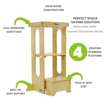 Little Partners Foldable Toddler Tower - Explore 'N Store Montessori Kitchen Tower for Cooking, 22.28" L x 19.56" W x 33.50" H, Ages 2 to 6 (Natural)