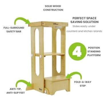 Little Partners Foldable Toddler Tower - Explore 'N Store Montessori Kitchen Tower for Cooking, 22.28" L x 19.56" W x 33.50" H, Ages 2 to 6 (Natural)