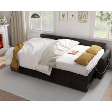 Ucloveria Sectional Sofa Couch, 87" Sleeper Sofa Bed with Reversible Storage Chaise Pull Out Couch for Living Room | Side Pocket | Charging Station | Removable Backrest | Linen Fabric, Black