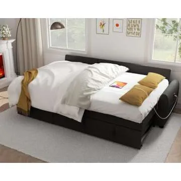 Ucloveria Sectional Sofa Couch, 87" Sleeper Sofa Bed with Reversible Storage Chaise Pull Out Couch for Living Room | Side Pocket | Charging Station | Removable Backrest | Linen Fabric, Black