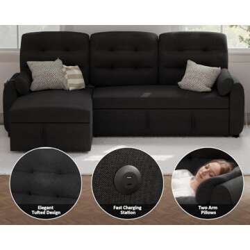Ucloveria Sectional Sofa Couch, 87" Sleeper Sofa Bed with Reversible Storage Chaise Pull Out Couch for Living Room | Side Pocket | Charging Station | Removable Backrest | Linen Fabric, Black