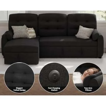 Ucloveria Sectional Sofa Couch, 87" Sleeper Sofa Bed with Reversible Storage Chaise Pull Out Couch for Living Room | Side Pocket | Charging Station | Removable Backrest | Linen Fabric, Black