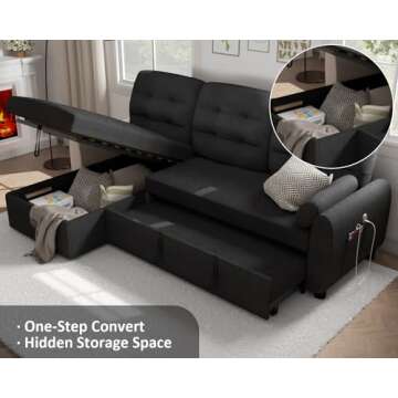 Ucloveria Sectional Sofa Couch, 87" Sleeper Sofa Bed with Reversible Storage Chaise Pull Out Couch for Living Room | Side Pocket | Charging Station | Removable Backrest | Linen Fabric, Black
