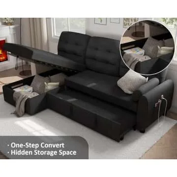 Ucloveria Sectional Sofa Couch, 87" Sleeper Sofa Bed with Reversible Storage Chaise Pull Out Couch for Living Room | Side Pocket | Charging Station | Removable Backrest | Linen Fabric, Black