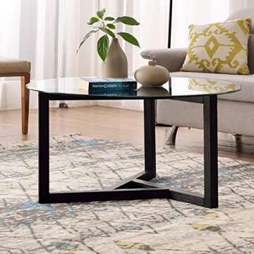P PURLOVE 35" Round Glass Coffee Table, Modern Round Cocktail Table Coffee Table with Glass Top and Wood Base,Easy Assembly Small Glass Coffee Table,Black